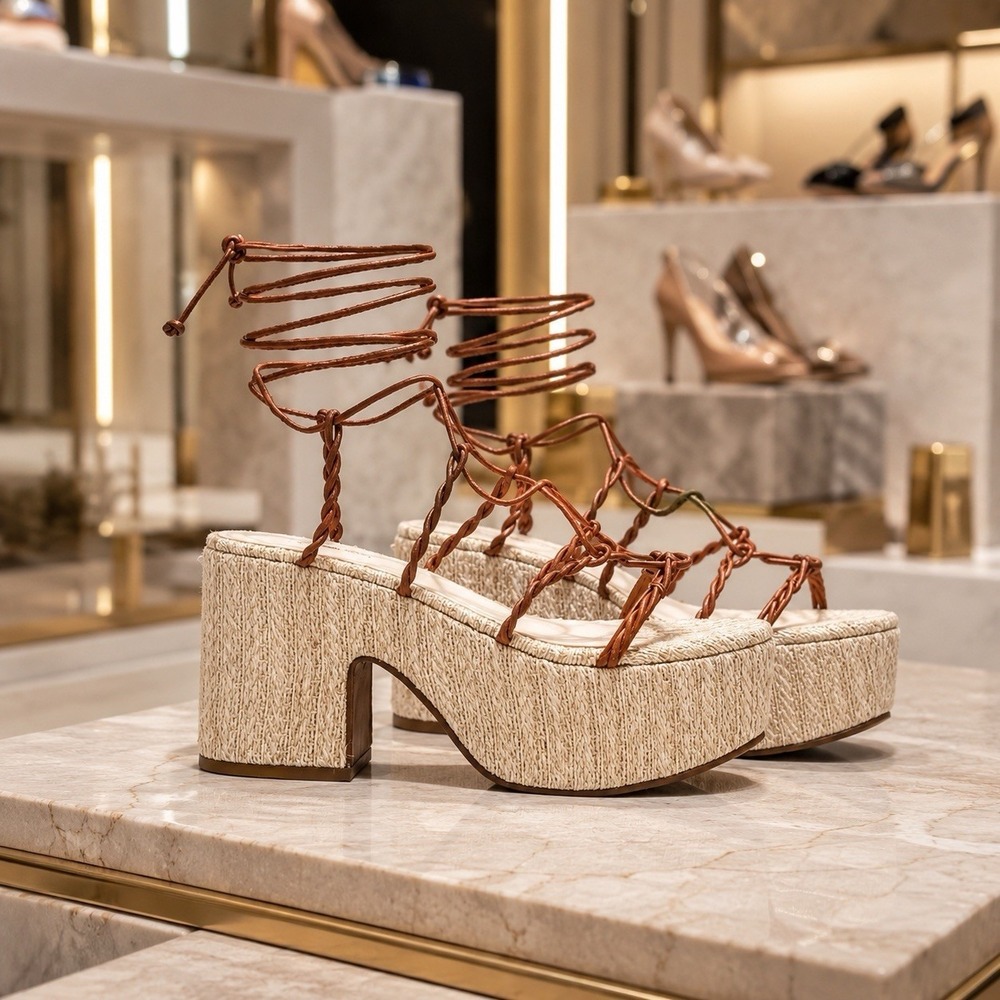 NWOT Larroude Coco Platform Sandal In Raffia & Caramel Leather Summer Travel 9.5